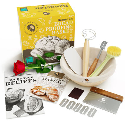 Picture of Superbaking Banneton Bread Proofing Basket Gift Set for Bakers, Round 9" Sourdough Starter Kit, Sourdough Bread Baking Supplies, Proofing Basket for Bread Baking, Bread Making Supplies Tools