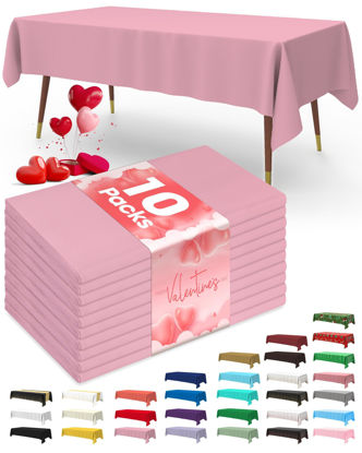 Picture of Pureegg Plastic Table Cloth Disposable 10 Pack, 54 x 108 Inch Table Cloths, Valentines Day Decorations, Decorative Tablecloths for Rectangle Tables, Pink Plastic Table Cover, Leakproof & Sturdy, Pink