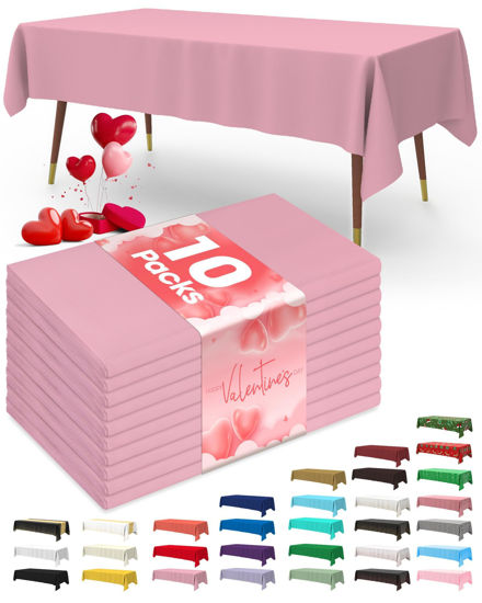 Picture of Pureegg Plastic Table Cloth Disposable 10 Pack, 54 x 108 Inch Table Cloths, Valentines Day Decorations, Decorative Tablecloths for Rectangle Tables, Pink Plastic Table Cover, Leakproof & Sturdy, Pink