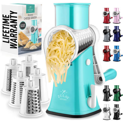 Picture of Zulay Rotary Cheese Grater 5 Blade Cheese Shredder - Manual Hand Crank Cheese Grater With Reinforced Suction & 5 Interchangeable Drums - Easy to Use Vegetable Chopper - Icy Breeze