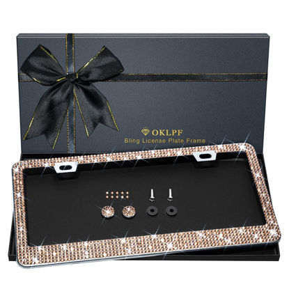 Picture of Bling License Plate Frame for Women, 1PCS Sparkly License Plate Frames| Over 1200 pcs 14 Facets Bedazzled Clear Glass Diamond Rhinestone Crystals w/Free Glitter Diamond Box (Champagne)