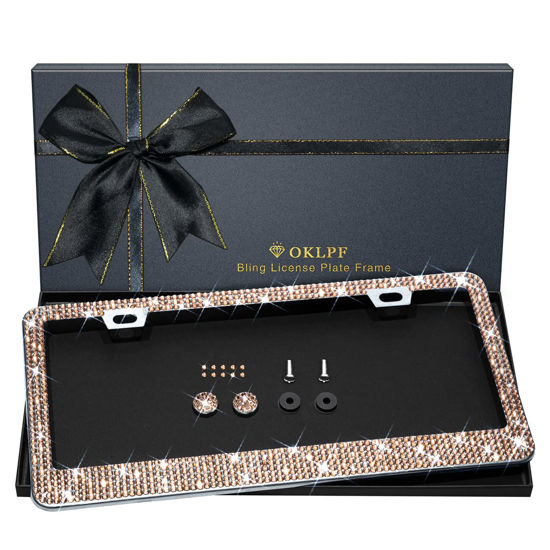 Picture of Bling License Plate Frame for Women, 1PCS Sparkly License Plate Frames| Over 1200 pcs 14 Facets Bedazzled Clear Glass Diamond Rhinestone Crystals w/Free Glitter Diamond Box (Champagne)
