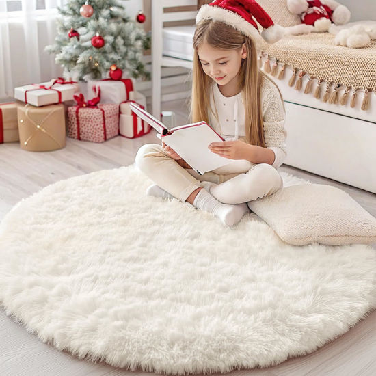 Picture of OLANLY Ivory Round Rugs for Bedroom - Machine Washable, 4x4 Feet Circle Area Rugs for Living Room, Soft and Fluffy Shaggy Carpet for Teen Girls and Boys, Dorms, Nursery Rooms, Home Decor Aesthetic