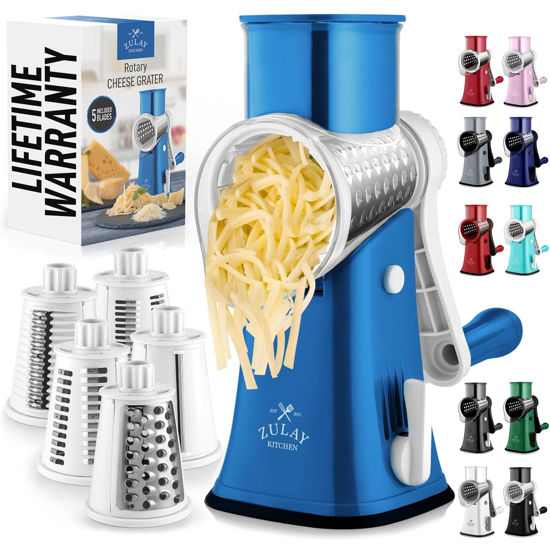 Picture of Zulay Rotary Cheese Grater 5 Blade Cheese Shredder - Manual Hand Crank Cheese Grater With Reinforced Suction & 5 Interchangeable Drums - Easy to Use Vegetable Chopper - Heavenly Blue