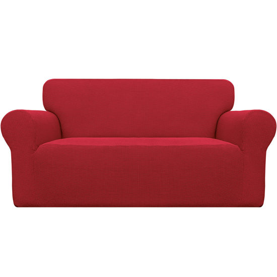 Picture of Easy-Going Stretch Oversized Loveseat Slipcover 1-Piece Sofa Cover Furniture Protector Couch Soft with Elastic Bottom for Kids Polyester Spandex Jacquard Fabric Small Checks Christmas Red