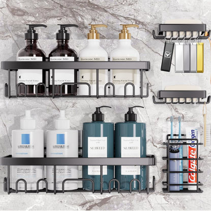 Picture of Veken Adhesive Shower Caddy 5-Pack,Heavy Weight Bearing,Large Wall Mounted Shower Shelves Rack,Organizer Storage Accessories with Soap Dish&Toothbrush Holder,Ideal for Bathroom,Home&Kitchen,Black