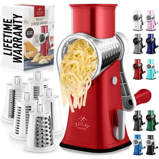 Picture of Zulay Rotary Cheese Grater 5 Blade Cheese Shredder - Manual Hand Crank Cheese Grater With Reinforced Suction & 5 Interchangeable Drums - Easy to Use Vegetable Chopper - Elegant Candy