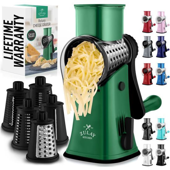 Picture of Zulay Rotary Cheese Grater 5 Blade Cheese Shredder - Manual Hand Crank Cheese Grater With Reinforced Suction & 5 Interchangeable Drums - Easy to Use Vegetable Chopper - Jade Night