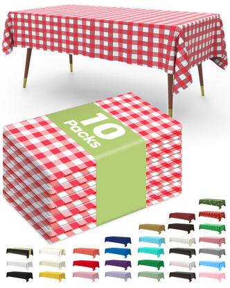 Picture of Pureegg Plastic Table Cloth Disposable 10 Pack, 54 x 108 Inch Table Cloths for Parties, Decorative Tablecloths for Rectangle Tables, White Plastic Table Cover, Leakproof & Sturdy, Red Plaid
