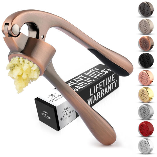 Picture of Zulay Kitchen Premium Garlic Press Set - Rust Proof & Dishwasher Safe Professional Garlic Mincer Tool - Easy-Squeeze, Easy-Clean with Soft, Ergonomic Handle - Silicone Garlic Peeler & Brush (Copper)
