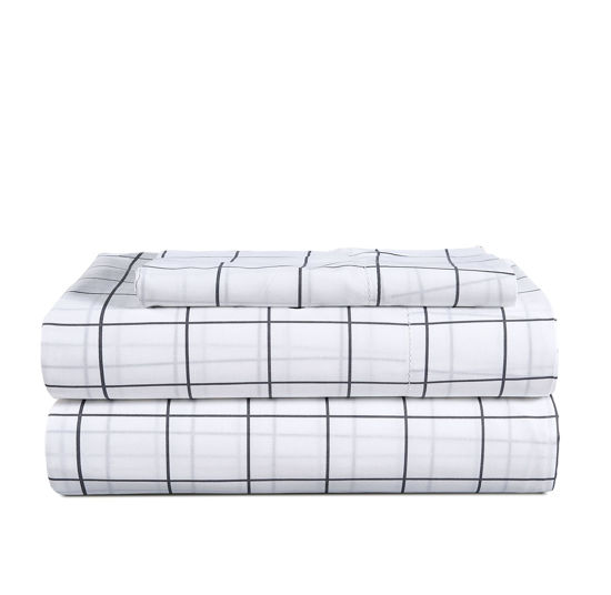 Picture of LANE LINEN 100% Organic Cotton Twin XL Sheets Set 3-Piece Pure Percale Bedsheets Bedding Breathable Fits Mattress Upto 15" Deep - Charcoal Windowpane