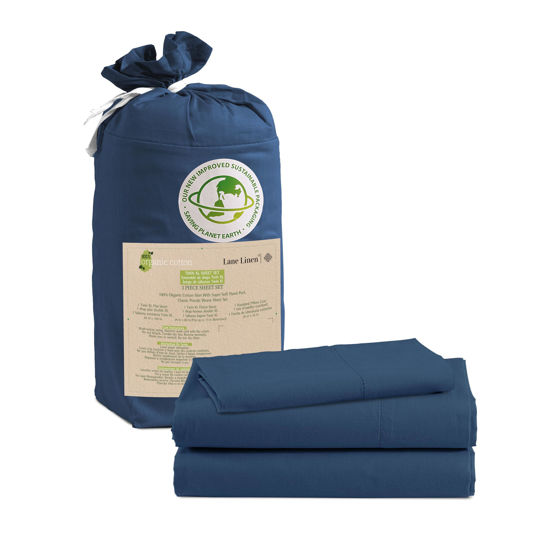 Picture of LANE LINEN 100% Organic Cotton Twin XL Sheets Set 3-Piece Pure Percale Bedsheets Soft Bedding Breathable Fits Mattress Upto 15" Deep - Estate Blue