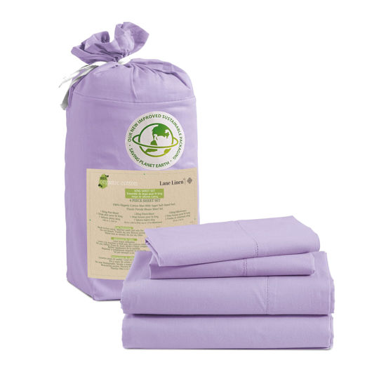 Picture of LANE LINEN 100% Organic Cotton King Sheets Set 4-Piece Pure Percale Bedsheets Soft Bedding Breathable Fits Mattress Upto 15" Deep - Orchid Petal