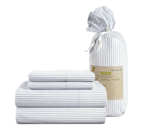 Picture of LANE LINEN 100% Organic Cotton King Sheets Set 4-Piece Pure Percale Bedsheets Soft Bedding Breathable Fits Mattress Upto 15" Deep - Blue Ticking Stripe