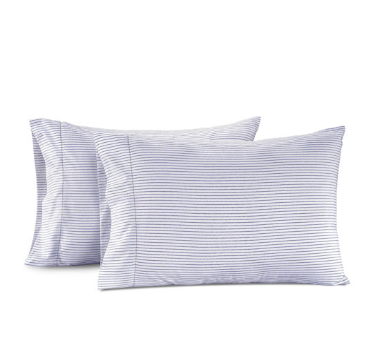 Picture of LANE LINEN 100% Organic Cotton Pillow Cases - King Size and Crisp Cool Percale Covers Sleeping Set of 2 - Ticking Stripe - Cobalt Blue