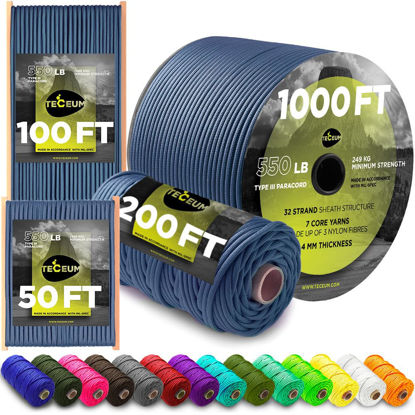 Picture of TECEUM Paracord Type III 550 Blue Oil - 50 ft - 4mm - Tactical Rope MIL-SPEC - Outdoor para Cord -Camping Hiking Fishing Gear and Equipment - EDC Parachute Cord - Strong Survival Rope 420 n2