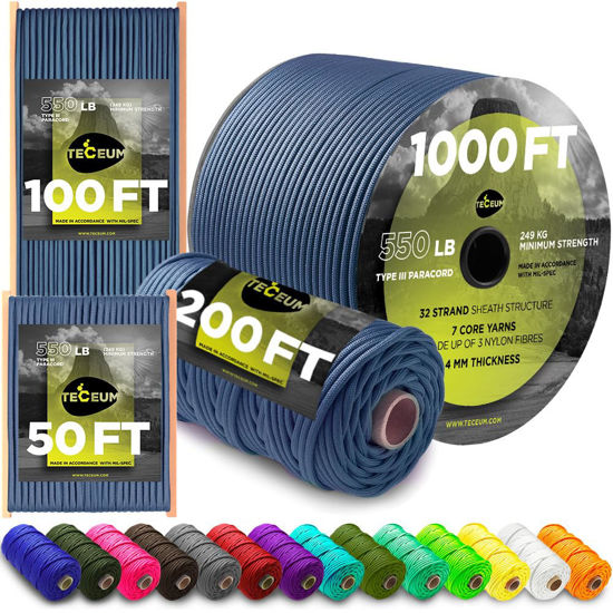 Picture of TECEUM Paracord Type III 550 Blue Oil - 50 ft - 4mm - Tactical Rope MIL-SPEC - Outdoor para Cord -Camping Hiking Fishing Gear and Equipment - EDC Parachute Cord - Strong Survival Rope 420 n2