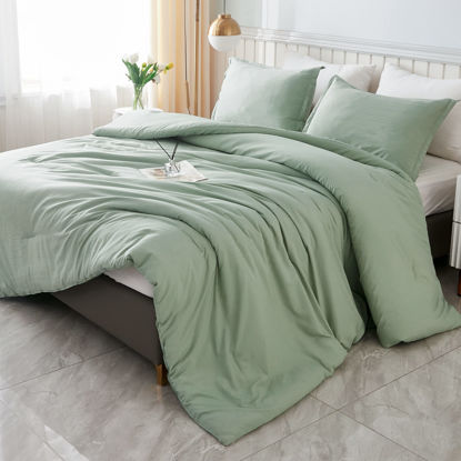 Picture of Litanika California King Comforter Set Sage Green - 3 Pieces Cal King Lightweight Solid Bed Comforter, Oversized Fluffy Down Alternative Comforter Quilt Blanket Bedding Set