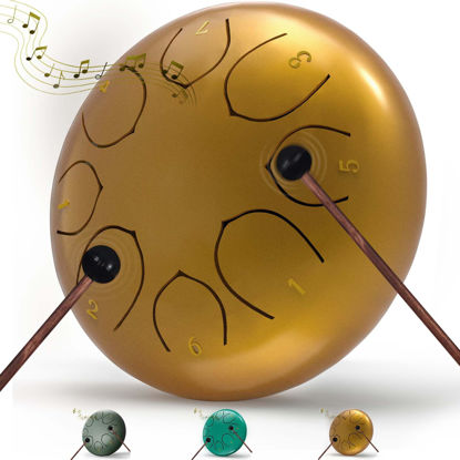 Picture of Rain Drum for Outside Garden, 6 Inches 8 Notes Steel Tongue Chakra Drum, Waterproof Rain Chime Meditation Drum, Musical Instruments for Adult Gift with Drum Bag, Music Book, Drum Mallets (Gold)
