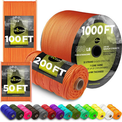 Picture of TECEUM Paracord Type III 550 Orange Yellow - 100 ft - 4mm - Tactical Rope MIL-SPEC - Outdoor para Cord -Camping Hiking Fishing Gear and Equipment - EDC Parachute Cord - Strong Survival Rope 044