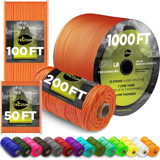 Picture of TECEUM Paracord Type III 550 Orange Yellow - 100 ft - 4mm - Tactical Rope MIL-SPEC - Outdoor para Cord -Camping Hiking Fishing Gear and Equipment - EDC Parachute Cord - Strong Survival Rope 044