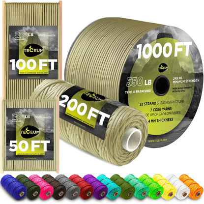 Picture of TECEUM Paracord Type III 550 Golden Sand - 100 ft - 4mm - Tactical Rope MIL-SPEC - Outdoor para Cord - Camping Hiking Fishing Gear - EDC Parachute Cord -Strong Survival Rope 028 nw