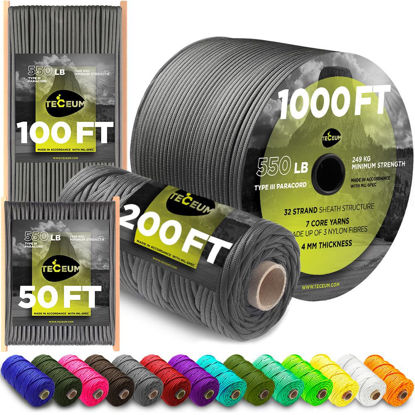 Picture of TECEUM Paracord Type III 550 Dark Grey - 50 ft - 4mm - Tactical Rope MIL-SPEC - Outdoor para Cord -Camping Hiking Fishing Gear and Equipment - EDC Parachute Cord - Strong Survival Rope 030