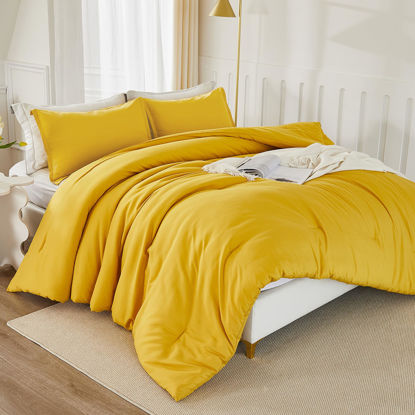 Picture of Litanika Mustard Yellow Comforter Set King Size, 3 Pieces Lightweight Solid Bedding Comforter Set, All Season Fluffy Bed Set (104x90In Comforter & 2 Pillowcases)