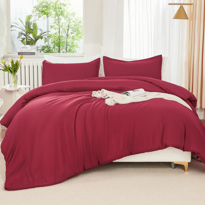 Picture of Litanika Burgundy Red Comforter Set Queen Size, 3 Pieces Lightweight Solid Bedding Comforter Set, All Season Fluffy Bed Set (90x90In Comforter & 2 Pillowcases)