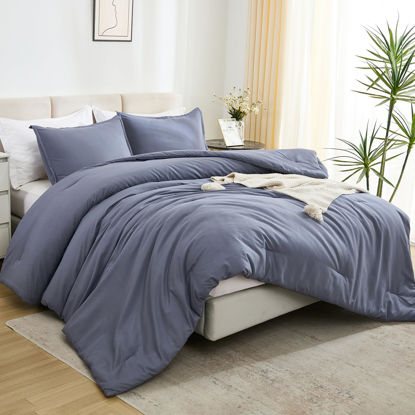 Picture of Litanika Comforters Bluish Grey Full Size, 3 Pieces Lightweight Solid Bedding Set & Collections, All Season Fluffy Bed Set (79x90In Comforter & 2 Pillowcases)