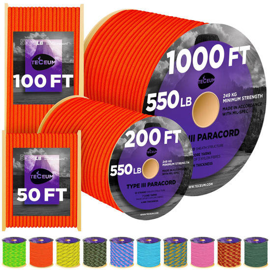 Picture of TECEUM Paracord Type III 550 Soffit Orange - 50 ft - 4mm - Tactical Rope MIL-SPEC - Outdoor para Cord -Camping Hiking Fishing Gear and Equipment - EDC Parachute Cord - Strong Survival Rope 345b