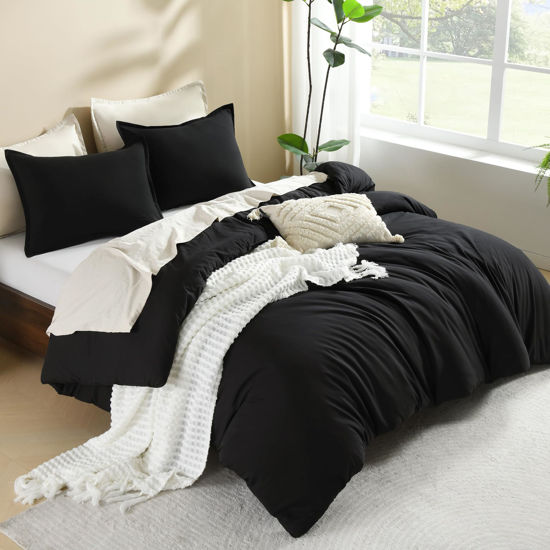 Picture of Litanika Oversized King Comforters Black Super King Size, 3 Pieces Lightweight Solid Bedding Comforter Set, All Season Fluffy Bed Set (120x120In Comforter & 2 Pillowcases)