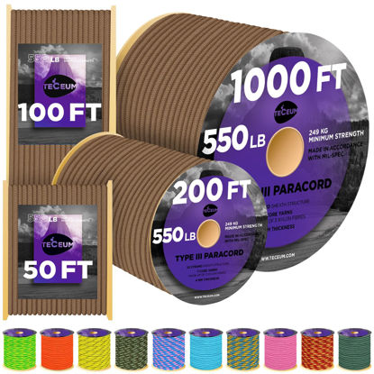 Picture of TECEUM Paracord Type III 550 Grizzly Brown - 200 ft - 4mm - Tactical Rope MIL-SPEC - Outdoor para Cord -Camping Hiking Fishing Gear and Equipment - EDC Parachute Cord - Strong Survival Rope N-16b