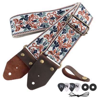 Picture of Nefelibata Guitar Strap,Jacquard Embroidery Cotton Guitar Straps with Crazy Horse Leather Ends for Bass, Electric & Acoustic, Best Gifts for Kids, Guitarists(Golden Jacquard)