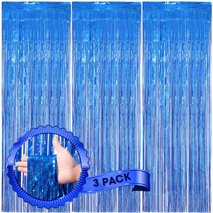 Picture of Voircoloria 3 Pack 3.3 x 8.2 ft Laser Blue Foil Fringe Backdrop Curtains, Tinsel Streamers Birthday Party Decorations, Fringe Backdrop for Graduation, Baby Shower, Gender Reveal, Disco Party