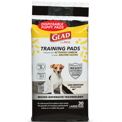 Picture of Glad for Pets Activated Carbon Anti-Microbial Dog Training Pads with Odor Eliminator - Ultra Absorbent Pee Pads for Dogs, Heavy Duty Indoor Pee Mats, Puppy Essentials, 23" x 23", 30 Count