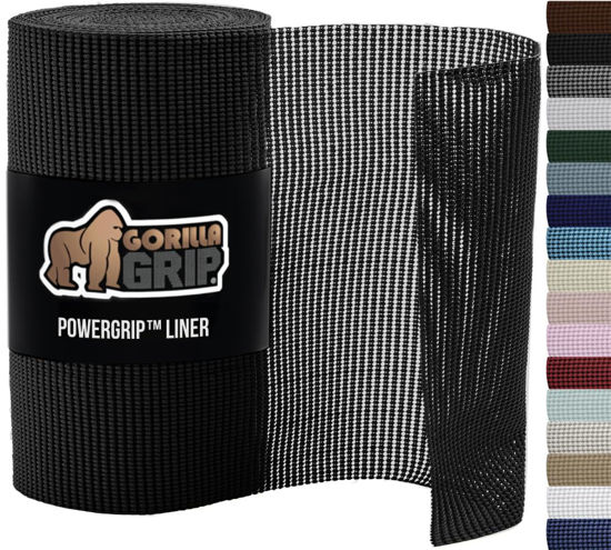 Picture of Gorilla Grip powerGRIP Drawer Shelf and Cabinet Liner, Thick Strong Hold, Non-Adhesive Liners Protect Kitchen Cabinets and Cupboard, Bathroom Drawers, Easy Install, Breathable Mat, 12" x10', Black