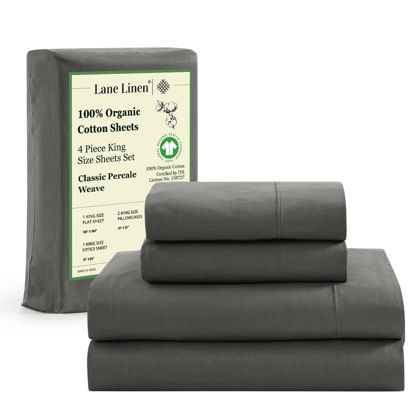 Picture of LANE LINEN 100% Organic Cotton Sheets King Size - 4Pc King Sheet Set, Soft Sheets for King Size Sheets, Percale Weave, Hotel Luxury Bed Sheets, 15" King Sheets Deep Pocket, Oeko Tex Sheets - Charcoal