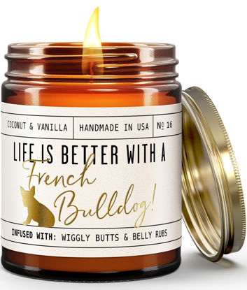 Picture of French Bulldog Gifts for Women, Frenchie Gifts - 'Life is Better with a French Bulldog' Candle, w/Vanilla, Coconut & Citrus, infuse w/Essential Oils I French Bulldog Decor Lovers I 50Hr Burn, USA Made