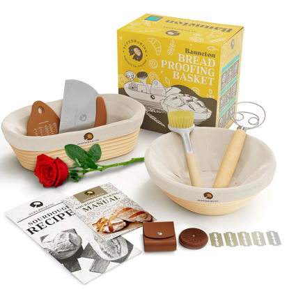 Picture of Superbaking Sourdough Proofing Basket Gift Set, Round 9" & Oval 10" Banneton, Sourdough Starter Kit, Sourdough Banneton Basket, Banneton Bread Proofing Basket Set of 2, Sourdough Bread Baking Supplies