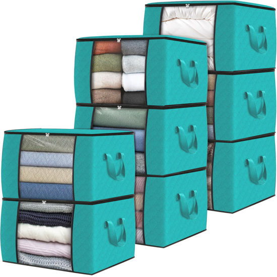 Picture of Fab totes 8 Pack Clothes Storage, Foldable Thick Fabric Blanket Storage Bags, Storage Containers for Organizing Bedroom, Closet, Clothing, Comforter, Organization and Storage with Handle,Green