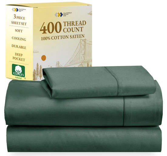 Picture of California Design Den Softest 100% Cotton Sheets, Twin Sheets Set, 3 Pc, 400 Thread Count Sateen, Dorm Rooms & Adults, Deep Pocket Cooling Sheets, Twin Bed Sheets (Hunter Green)