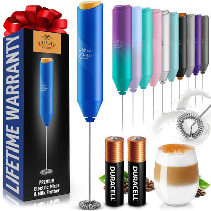 Picture of Zulay Kitchen Duracell Powered Milk Frother Handheld Foam Maker - Whisk Drink Mixer for Coffee, Latte, Matcha, Cappuccino - Mini Foamer by Milk Boss - Batteries Included - (Blue/Gold)