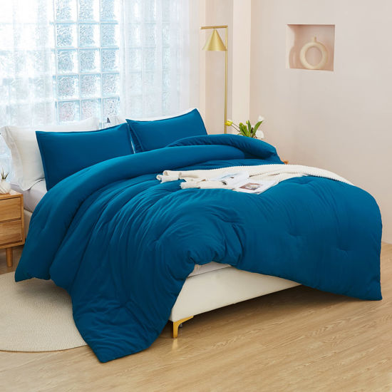 Picture of Litanika Teal Comforter King Size, 3 Pieces Turquoise Lightweight Solid Bedding Comforter Set, All Season Fluffy Bed Set (104x90In Comforter & 2 Pillowcases)