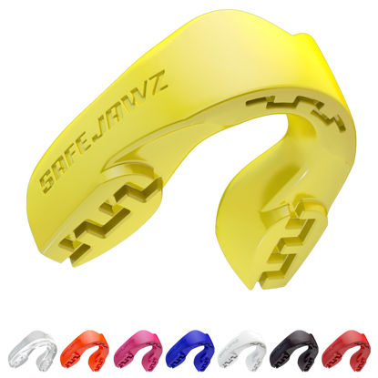 Picture of SAFEJAWZ Sports Mouthguard Slim Fit, Adult and Junior Mouth Guard with Case for Boxing, Basketball, Lacrosse, Football, MMA, Martial Arts, Hockey and All Contact Sports (Junior <11 Years, Yellow)