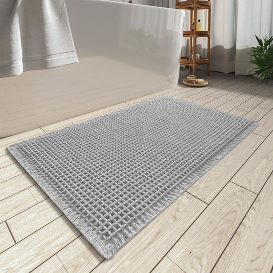 Picture of AMOAMI Upgraded Waffle Bath Mat, Super Absorbent Non Slip Bath Mats for Bathroom Floor, Machine Washable Bathroom Rugs with Tassels, Rubber Backed Bathroom Mats, Ultra Soft, 18" x 30", Grey