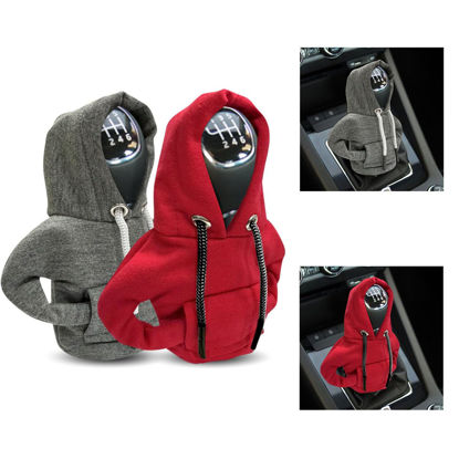 Picture of JOYCOURT 2PCS Car Gear Shift Cover, Fashionable Hoodie Car Shift Knob, Winter Warm Gear Shift Knob Cover Sweater Shirt, Auto Interior Accessories, Universal Car Decor Accessories (Red&Gray)