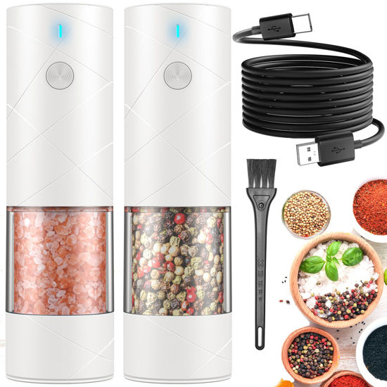 Picture of 2Pack Electric Salt and Pepper Grinder Set USB Rechargeable with Warm LED Light, Adjustable Coarseness Lidaop Large Capacity Automatic Salt Pepper Mill Grinder for Kitchen, Restaurant, Outdoor, White