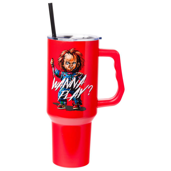 Picture of Silver Buffalo Chucky Wanna Play Stainless Steel Tumbler with Handle and Straw, Fits in Standard Cup Holder, 40 Ounces