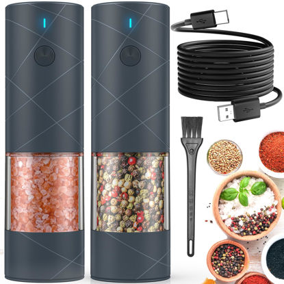 Picture of 2Pack Electric Salt and Pepper Grinder Set USB Rechargeable with Warm LED Light, Adjustable Coarseness Lidaop Large Capacity Automatic Salt Pepper Mill Grinder for Kitchen, Restaurant, Outdoor (Grey)